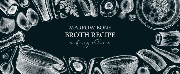 Healthy food background. Marrow bone broth banner. Hot soup on plates, pans, bowls, organ meat, vegetables, marrow bones sketches. Hand drawn vector illustrations. Homemade food on chalkboard